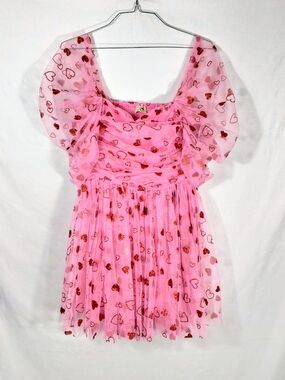 Lace & Beads  Heart-Print Pink Tulle Party Dress UK 16 | US XL Coquette Barbie